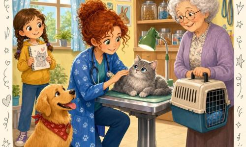 A female veterinarian in her mid-30s with curly red hair in a bun, wearing a blue paw-print smock, is kneeling and gently petting a fluffy gray cat named Whiskers on a metal exam table; Mrs. Jenkins, about 75 with white curly hair and round glasses, holds the carrier to the right of the vet looking relieved; a male dog assistant, Max, a large golden retriever with a red bandana, sits nearby; a girl, Lily, about 8 with braided brown hair, stands in the back holding a sketchbook and watching; the bright clinic has pale yellow walls, colorful animal posters, wooden shelves, a large window with a paw-pattern curtain and a small green lamp on the table; the scene conveys tender, reassuring, warm, compassionate care.