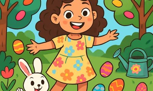 A 10-year-old girl, Samantha, with curly brown hair and sparkling eyes, stands in the middle of an enchanted garden. She wears a pastel dress with flower patterns and has a big smile on her face, arms open, ready to start the egg hunt. Next to her, a small white rabbit with a red bow tie and mischievous eyes seems to wave at her, adding a touch of magic to the scene. The garden is filled with trees with candy-shaped leaves, vibrant flowers, and colorful eggs rolling around them. In the distance, lush bushes and an old watering can decorated with flowers enhance the fairy-tale atmosphere. Samantha and the rabbit are preparing for a magical egg hunt, where the eggs joyfully escape, creating a festive and adventurous ambiance.