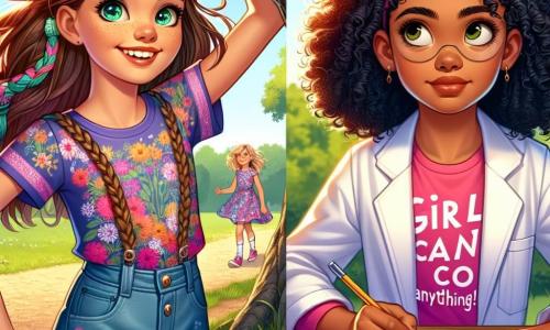 An 11-year-old girl named Lily stands under a large oak tree, her eyes shining with curiosity and a bright smile on her face. She has brown hair braided into a long plait that dances in the wind, wearing a colorful t-shirt with floral patterns and denim shorts. She holds a sign that reads "Girls can do anything!" while looking at her friends with enthusiasm. Next to her, Mia, another 11-year-old girl with curly black hair, is drawing plans for a science project in a notebook. Her face shows concentration and passion, and she wears a white lab coat over a pink t-shirt. She is slightly behind, admiring Lily. The scene takes place in a sunny park filled with greenery and colorful flowers lining a gravel path. In the background, other children are playing and laughing, creating a joyful and inspiring atmosphere. The main focus is on Lily and Mia, two determined friends ready to inspire other children to believe in their dreams and promote gender equality by sharing their message with passion and creativity.