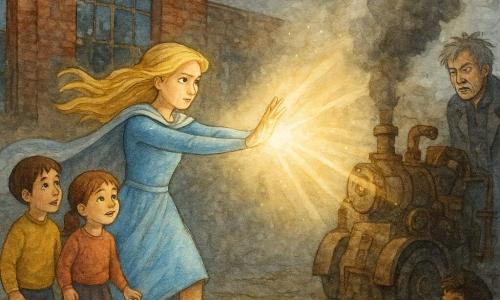 SuperLuce, eroina con lunghi capelli dorati, costume azzurro cielo e mantello argentato, volto determinato e benevolo, emette un potente raggio di luce bianca e calda dalle mani verso una macchina; postura eroica, piedi saldi, veste e capelli sollevati da un vento luminoso; Professor Ombra, inventore di circa 45 anni, pelle chiara, capelli grigi scompigliati, cappotto scuro, espressione burbera e sorpresa, accanto a una macchina fumante sullo sfondo pronto a ritirarsi nell'ombra; Luca, bambino di 8 anni, capelli castani corti, sguardo stupito e bocca socchiusa, tiene la mano di Anna alla sinistra di SuperLuce; Anna, bambina di 7 anni, capelli castani in codini, occhi grandi e sorridenti, tiene la mano di Luca alla destra di SuperLuce in atteggiamento ammirato; Marco, ragazzo di 9 anni, capelli ricci, tiene una piccola lampada giocattolo accesa davanti a una finestra rotta, volto curioso; luogo: vecchia fabbrica abbandonata in mattoni rossi, grandi finestre rotte, macchina metallica arrugginita che sputa un alone grigio, pavimento in ciottoli bagnati, cielo parzialmente nuvoloso e drammatico, forti contrasti tra fumo grigio e luce calda; situazione principale: confronto luminoso — raggio caldo e abbagliante di SuperLuce che squarcia la coltre di fumo, fasci dorati visibili, particelle di polvere e gocce d'acqua che scintillano, atmosfera di speranza e trionfo; stile visivo: acquerello granuloso, colori morbidi ma contrastati, tratti delicati, texture della carta visibili, atmosfera magica e rassicurante adatta ai bambini.