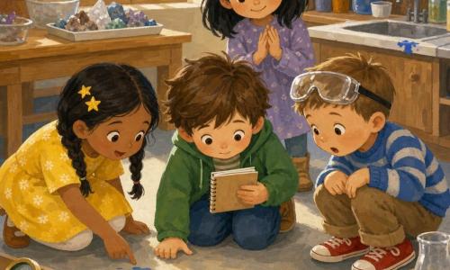 Four 5-year-old children in a school science room painted with gouache: Milo, a brown-haired boy kneeling center in a green jacket holding a notebook, watching a small shiny blue marble; Asha, a girl with braided hair and star clips in a yellow dress to Milo’s left, pointing at a small blue paint spot on the floor; Ben, a boy with short hair and squeaky red sneakers to Milo’s right, safety goggles on his forehead, surprised by the marble; Lila, a girl with loose black hair and a calm smile behind Milo, hands together ready to clap. They’ve found the marble hidden behind a gray cart, with drops of blue paint forming a trail to it; the room has light wood tables, a tray of crystals and experiment bowls, a sink with a small blue stain, shelves of jars and colorful tools, warm light from a square window, vivid gouache textures, and a gentle, curious atmosphere.