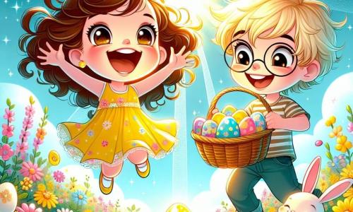 A 5-year-old girl named Lily, with curly brown hair and a bright yellow dress, joyfully jumps in the middle of a colorful flower field, her face radiating excitement and happiness. Next to her, her friend Jamie, a 6-year-old boy with blond hair and round glasses, holds a basket filled with Easter eggs, smiling enthusiastically. The setting is a beautiful sunny garden dotted with brightly colored flowers, playful little bunnies, and a light blue sky with fluffy white clouds. In the center of the image, Lily discovers a mysterious Easter egg, shining in the sun, surrounded by colorful jellybeans leading to a magical adventure.