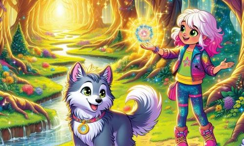 In an enchanted forest, a small wolf named Wally, with soft gray fur, bright curious eyes, and a wagging tail, holds a small shiny magical clock in his front paws, looking around in wonder. Beside him is a young girl named Lily, with vibrant pink hair and a warm smile, dressed in a colorful futuristic outfit, leaning towards Wally with a joyful and intrigued expression, ready to help him on his adventure. The setting is a lush forest filled with majestic trees with bright green leaves, colorful flowers, and a sparkling stream winding through the landscape, all bathed in golden sunlight. The scene depicts Wally and Lily, surrounded by sparkling lights and colorful swirls, as they prepare to activate the magic of time travel, symbolizing the excitement and adventure that awaits them.