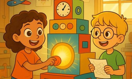 Uma menina de 8 anos, Sara, com grandes olhos curiosos e cabelos cacheados castanhos, está em pé diante de uma máquina do tempo feita de caixas de papelão coloridas, com um grande sorriso maravilhado no rosto. Ao lado dela, seu amigo Lucas, um menino de 8 anos com cabelos loiros e óculos redondos, observa a máquina com um ar de empolgação, segurando um papel rabiscado nas mãos. O garagem deles está cheia de brinquedos espalhados, peças de bricolagem e desenhos pendurados na parede, criando uma atmosfera alegre e caótica. A luz do sol filtra através de uma janela, iluminando a cena com um brilho acolhedor. Sara aperta um grande botão vermelho da máquina, e uma luz brilhante envolve os dois amigos. Eles parecem prontos para viver uma aventura incrível no tempo, cercados por uma atmosfera de magia e curiosidade.