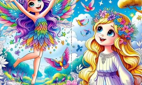 O mică zână pe nume Lila, cu aripi delicate și strălucitoare în culorile curcubeului, zboară veselă prin aer, un zâmbet mare iluminându-i fața. Părul ei este lung și ondulat, de un violet strălucitor, iar ea poartă o rochie din petale de flori multicolore. Lângă ea, Mira, o fetiță de zece ani, cu părul auriu și ochii strălucitori ca stelele, privește cu uimire sanctuarul păsărilor. Ea este îmbrăcată într-o tunică ușoară și colorată și ține un coș mic plin cu flori magice. Locul este un sanctuar fermecător, cu copaci majestuoși cu frunze aurii, flori care vorbesc și cântă, și un cer de un albastru strălucitor presărat cu nori pufoși. Păsări cu pene strălucitoare zboară în jur, creând o atmosferă magică și veselă. Situația principală arată cum Lila și Mira, unite prin prietenia lor, sunt pregătite să apere sanctuarul păsărilor de creaturi întunecate care amenință lumea lor feerică. Lila folosește magia ei pentru a proteja păsările, în timp ce Mira, plină de curaj, stă alături de ea, hotărâtă să salveze refugiul lor prețios.