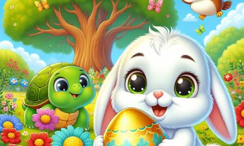 In the center of the image, a small rabbit named Benny, with soft white fur, large floppy ears, and sparkling eyes of joy, holds a shiny golden egg against his heart, wearing a big excited smile. Next to him, Tilly, a small green turtle with a colorful shell, looks on with wide eyes, full of enthusiasm, while Ollie, a brown-feathered owl with big round eyes, flies above them, displaying a curious and friendly expression. The setting is a sunny garden filled with brightly colored flowers in shades of red, blue, and yellow, with a majestic oak tree in the background and butterflies fluttering joyfully around. The scene captures the moment when Benny, Tilly, and Ollie discover the precious golden egg among the flowers, surrounded by a festive and spring-like atmosphere, full of joy and friendship.