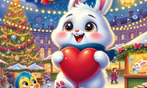 Al centro dell'immagine, un piccolo coniglio bianco di nome Bobo, con grandi orecchie pendenti e un pelo morbido, esprime una gioia splendente tenendo un pallone rosso a forma di cuore. Salta di felicità, con gli occhi brillanti di curiosità ed eccitazione. Accanto a lui, un piccolo uccellino colorato, con piume gialle e blu, vola gioiosamente, mostrando un sorriso amichevole. Sembra pronto ad aiutare Bobo nella sua ricerca, posandosi su un ramo decorato con ghirlande scintillanti. Il decor è un mercatino di Natale animato, pieno di stand colorati che vendono biscotti di Natale, giocattoli in legno e luci scintillanti. Un grande albero di Natale, illuminato da mille luci, troneggia al centro della piazza, circondato da fiocchi di neve che cadono dolcemente. La scena principale mostra Bobo, un po' smarrito ma determinato, che cerca i suoi genitori nella folla gioiosa, incoraggiato dal suo amico uccellino. L'atmosfera è festosa e calorosa, piena di risate di bambini e delizioso profumo di dolci natalizi.