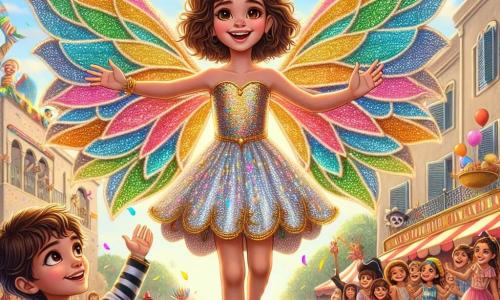 Una niña de 8 años, Clara, se encuentra en el centro de la escena, radiante de alegría, con grandes alas de colores en forma de arcoíris que brillan bajo el sol. Tiene el cabello rizado y castaño, una sonrisa deslumbrante y lleva un vestido de tela brillante adornado con purpurina dorada. Clara flota ligeramente sobre el suelo, con los brazos abiertos, como si estuviera bailando en el aire. A su lado, su hermano Pablo, de 10 años, la observa con los ojos muy abiertos y una sonrisa maravillada. Tiene el cabello corto y lleva un disfraz de pirata, con un sombrero negro y una camisa a rayas. Pablo está de pie en el suelo, con las manos levantadas, listo para aplaudir a su hermana. Al fondo, la plaza principal de Villa Alegre está llena de colores vivos: puestos de comida, globos flotantes y niños disfrazados de diversos personajes festivos. Confeti vuela por el aire y banderines coloridos decoran los árboles. La escena principal muestra a Clara, con el corazón ligero, volando sobre la multitud alegre durante el carnaval, rodeada de risas y música, encarnando el espíritu mágico de esta celebración.