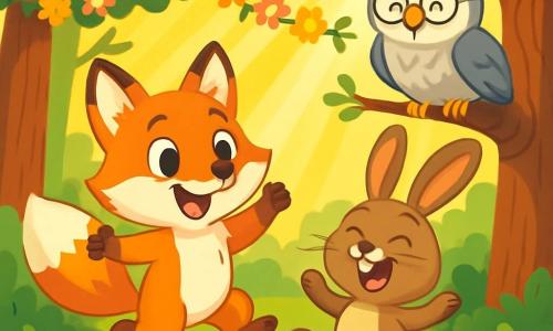 Un pequeño zorro de ojos brillantes, con un pelaje naranja vivo y una cola esponjosa, salta alegremente en un claro del bosque soleado, con una gran sonrisa en su rostro, expresando una alegría deslumbrante. A su lado, una liebre de grandes orejas, con pelaje marrón y ojos redondos, ríe a carcajadas, con sus patas traseras en el aire, compartiendo la emoción del momento. Un viejo búho de plumas grises, posado en una rama, observa la escena con una sonrisa benevolente, sus gafas deslizándose por su nariz, listo para anunciar el inicio de los juegos. El suelo está cubierto de hojas coloridas, y guirnaldas de flores decoran los árboles, mientras que rayos de sol filtran a través de las ramas, creando una atmósfera festiva y cálida. La escena muestra el comienzo de una gran fiesta en el bosque, con animales reunidos, listos para divertirse juntos.