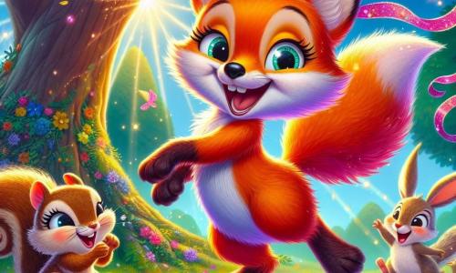 In an enchanted forest, a bright orange fox named Felix, with a big smile and sparkling mischievous eyes, joyfully dances under a large tree. His adorable, fluffy, and colorful tail is adorned with a shimmering pink ribbon that flutters in the wind. Next to him, a small squirrel named Sally, with brown fur and bright eyes, laughs while gathering acorns, while a rabbit named Benny, with big ears and white fur, happily hops around them, displaying a radiant smile. The setting is filled with colorful flowers, rays of sunshine filtering through the leaves, and a bright blue sky, creating a joyful and magical atmosphere. The scene shows Felix, surrounded by his friends, celebrating the discovery of his lost tail, in an atmosphere of laughter and camaraderie, ready to capture the spirit of a fun adventure before sunset.