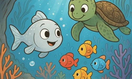 Finley, a small silvery fish with big curious eyes and a glittering tail, swims in the foreground making tiny bubbles while Tilly, an old green-and-brown sea turtle with a textured shell, gently guides him from just behind and to his right; colorful round fish (red, yellow, blue) play in a circle around them as they emerge from a narrow rocky passage into a glowing coral garden of fluorescent orange and purple corals, shining shells, pearly sand and swaying seaweed lit by bluish rays, with sparkles and floating bubbles creating a soft, magical atmosphere.