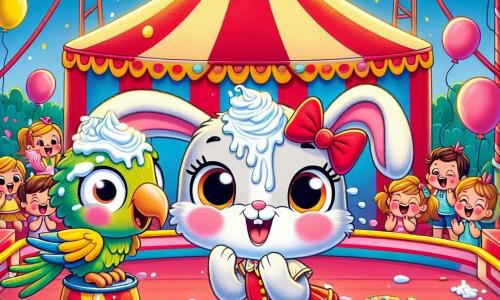 Hoppel, der kleine Hase mit großen Ohren, ist mit Schlagsahne bedeckt und lächelt mit schelmischen, funkelnden Augen. Er trägt ein hübsches rotes Kleid mit einer passenden Schleife und steht im Zentrum einer lebhaften Zirkusszene. Neben ihm sitzt Pippa, der Papagei mit leuchtend blauen und grünen Federn, auf einem Fass und lacht herzlich mit großen, überraschten Augen. Im Hintergrund ist das große Zelt mit roten und weißen Streifen dekoriert und von funkelnden Lichtern erleuchtet. Bunte Ballons schweben in der Luft, während Kinder lachen und applaudieren. Die Hauptsituation zeigt Hoppel, der versucht, die Sahne von seinem Gesicht zu wischen, während er lustige Grimassen macht, was das Publikum zum Lachen bringt.