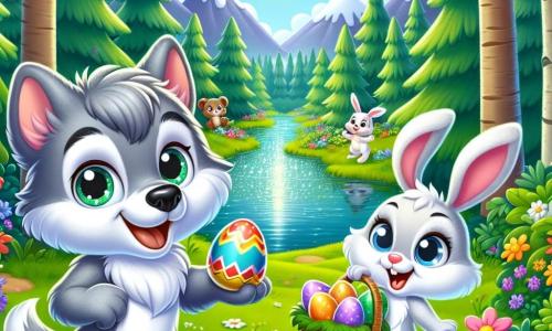In una foresta incantata, un piccolo lupo di nome Lupo Leo, con un morbido pelo grigio e occhi brillanti di curiosità, si trova al centro dell'immagine, sorridente, mentre tiene un uovo di Pasqua decorato con colori vivaci. Accanto a lui, un coniglietto bianco di nome Carletto, con grandi orecchie e un naso rosa, salta di gioia, i suoi occhi brillano di entusiasmo. In lontananza, la foresta di Bosco Verde è piena di alberi maestosi, fiori colorati e un cielo azzurro punteggiato di nuvole soffici. La scena mostra Lupo Leo e Carletto che celebrano la scoperta dell'uovo speciale, circondati da animali felici, pronti per una grande caccia alle uova di Pasqua, pieni di eccitazione e amicizia.