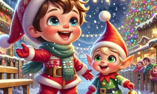 Un bambino di 1 anno, di nome Luca, con capelli castani disordinati e grandi occhi scintillanti di gioia, è in piedi nella neve, con le braccia aperte, ridendo sotto una dolce neve che cade. Indossa una tuta rossa con un berretto di lana, e le sue guance sono rosa di felicità. Accanto a lui c'è un piccolo elfo di nome Elfi, con un cappello rosso a punta e orecchie a punta, che sorride ampiamente. Elfi ha circa 5 anni, capelli biondi e occhi verdi brillanti. Tiene una piccola campanella dorata in una mano e indica l'albero di Natale con l'altra. Il luogo è un mercatino di Natale incantevole, con stand di legno decorati con luci e fiocchi di neve. Sullo sfondo, un grande albero di Natale scintillante, adornato con palline colorate e luci, illumina la scena. La situazione principale mostra Luca ed Elfi meravigliarsi davanti all'albero di Natale, mentre fiocchi di neve danzano intorno a loro, creando un'atmosfera magica e festosa.