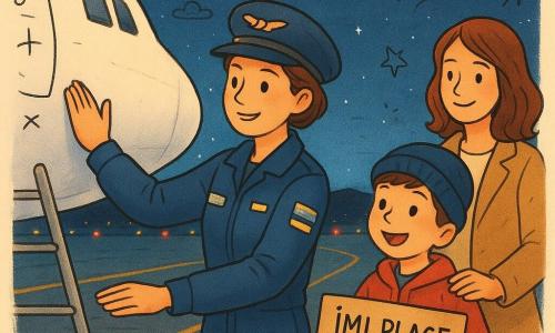 O femeie pilot în jur de treizeci de ani, zâmbitoare și concentrată, păr brun scurt sub șapcă, poartă o geacă albastră de pilot cu insigne reflectorizante și stă lângă scara unui mare avion cargo alb, inspectând aripa cu o mână liniștitoare pe fuselaj; un băiat, Matei, de aproximativ 8 ani, păr brun închis și căciulă albastră, cu ochii mari de uimire, ține un carton pe care scrie Îmi place avioanele! și stă aproape de gard, dând din degetul mare în sus; mama lui Matei, tot în jur de treizeci de ani, în haine simple de oraș, privește din spate cu un zâmbet blând și mâna pe umărul fiului ei; decorul e o pistă de aeroport noaptea, asfalt lucios, marcaje galbene, lumini albastre și roșii pâlpâitoare, hangare întunecate și un cer înstelat; scena transmite calm și responsabilitate — pilotul face o inspecție pre-zbor la lumină blândă și schimbă un gest prietenos cu copilul, în timp ce luminile pistei reflectă culori pe carlingă; stil: culori calde și contrastante, tușe clare și rondeură copilărească, texturi ușor granulare și doodle-uri mici (stele, nori, săgeți) în jurul personajelor.