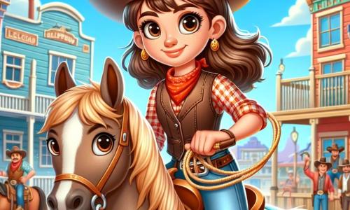 Valeria, una joven vaquera de 12 años, se mantiene orgullosa sobre su caballo Relámpago, un hermoso mustang de crines doradas, con una sonrisa decidida en su rostro. Lleva un sombrero de vaquero de fieltro, una camisa de cuadros roja y un chaleco de cuero, y sus ojos brillan de emoción y valentía. A su lado, Lucía, una niña de 11 años con cabello rizado y castaño, la anima con una mirada admirativa, sosteniendo una botella de agua en su mano. El escenario es un pequeño pueblo del Lejano Oeste, con casas de madera de fachadas coloridas, un salón animado con puertas batientes y vaqueros conversando alrededor de la fuente en el centro de la plaza. El cielo es de un azul brillante, salpicado de nubes blancas y esponjosas. La situación principal muestra a Valeria, lista para participar en el gran torneo de habilidades, levantando su lazo con determinación, mientras los aldeanos la observan con curiosidad y entusiasmo, ansiosos por ver sus talentos en acción.