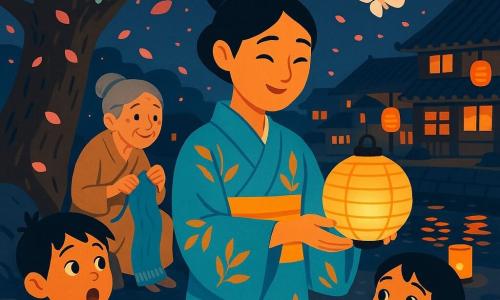 Una mujer, Midori, sonriente y emocionada, pelo negro liso recogido en moño, kimono azul cielo con motivos de hojas doradas, sostiene frente a ella una linterna redonda encendida; la abuela Sora (aprox. 75 años), pelo gris en moño, kimono beige, está sentada junto a un gran árbol trenzando una larga bufanda azul cielo y mira con ternura; un niño (≈8) y una niña (≈6) juegan cerca con grullas de papel y contemplan las linternas asombrados; un pequeño kodama verde pálido y translúcido flota entre las ramas; una mariposa blanca vuela sobre la linterna de Midori. Escenario: pueblo japonés bajo un gran cerezo en flor con pétalos rosas que caen, río oscuro reflejando las luces, casas de madera con tejas y suelo de piedras mojadas. Noche de festival con numerosas linternas suspendidas y en el suelo junto al río, luz cálida anaranjada contra el cielo azul noche, ambiente de alegría serena y mágico. Colores nítidos y contrastados, formas simples, composición centrada en Midori y su linterna; detalles gráficos: motivos del kimono, texturas del papel de las linternas, reflejos en el agua y pétalos en movimiento.