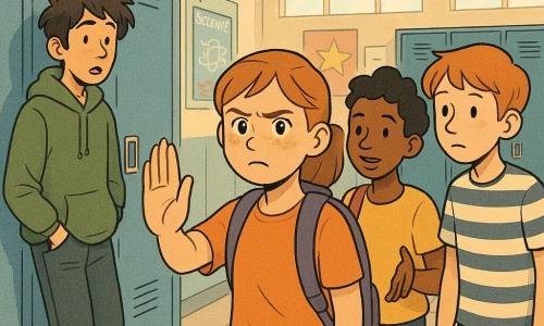 A 12-year-old girl, Maya, round face with freckles, light brown hair in a ponytail, determined but slightly trembling expression and bright eyes, stands at her locker with a hand on the door saying Stop in a clear voice; beside her is Nia, 12, dark-skinned with short curly hair and a compassionate, confident look, arm slightly raised in support; to the left, a taller 14-year-old boy, Troy, messy dark hair and a surprised, embarrassed expression with hands in his pockets near another locker, as if he just mocked her; to the right, 12-year-old Jaden, pale with a striped t-shirt, watches protectively, ready to step in; the scene is a bright school hallway with rows of blue lockers, gray tiled floor, colorful posters on the walls, soft light from high windows and a few blurred students in the background, tense but solidaristic atmosphere with warm tones on Maya contrasted with cooler tones around the mockers.
