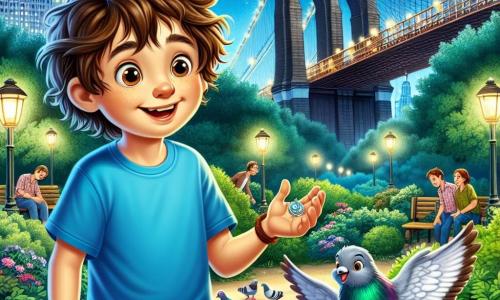 Un băiat de 10 ani, Andrei, cu părul castaniu și ochii plini de curiozitate, se află în mijlocul unui parc verde din New York. Poartă un tricou albastru și o pereche de pantaloni scurți bej, zâmbind larg în timp ce ține o medalie mică strălucitoare în mână. Lângă el, un porumbel colorat numit Pătrățel, cu pene gri și albe, plutește vesel în aer, părea să vorbească cu Andrei cu o expresie prietenoasă. În fundal, celebrul pod Brooklyn se ridică majestuos, iluminat de felinare strălucitoare, înconjurat de copaci verzi și flori colorate, creând o atmosferă magică. Andrei și Pătrățel descoperă împreună medalionul misterios, pregătiți pentru o aventură de neuitat sub cerul înstelat din New York.