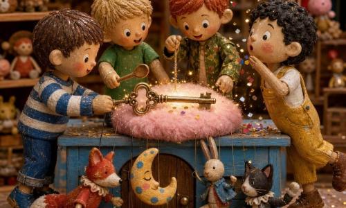Four 4‑year‑old boys—Ben (brushed brown hair, blue‑and‑white striped sweater) on the left lightly shaking the key; Sam (short blond hair, green T‑shirt) beside him tapping the key with a wooden spoon; Leo (red hair, khaki leaf‑pattern jacket) behind the key gently swinging it; and Max (curly black hair, yellow overalls) at the far right blowing on the key and dropping confetti while tiptoeing—stand in a wooden puppet workshop under a low blue table with light wood planks, varnished shelves of felt and leather puppets, a pink cotton‑candy cushion holding the ornate brass key, colorful string garlands, warm bulbs, paint splashes and gold confetti on the floor; together they shake the ornate brass key that sprinkles confetti and brings wooden puppets to life—a velvet fox, a polka‑dot moon, a booted rabbit and a gloved cat—in a funny, absurd scene of bright colors and varnished wood and soft felt textures, composition centered on the sparkling key.