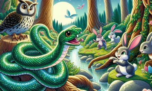 Silky, the emerald snake, is at the center of the image, his shimmering scales reflecting sunlight, with a determined and joyful expression. He is coiled around a tree root, ready for adventure. Next to him, Clara, the big-eared bunny, is hopping excitedly, her eyes sparkling with curiosity, while Benny, the wise owl with soft feathers, perches on a branch, attentively observing the scene with a thoughtful look. The setting is an enchanted forest, with majestic trees, colorful flowers dancing in the wind, and a sparkling stream winding through the landscape. The main scene shows Silky and his friends preparing to enter a mysterious cave, where the Moonstone's light glows faintly at the back, creating a magical and intriguing atmosphere.