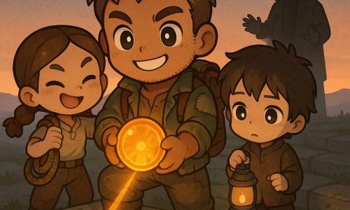 A chibi-styled muscular hero smiles determinedly at the sky with bright eyes, short sun-brown hair, tanned skin, a patched canvas jacket and worn backpack, gently holding an amber glass disc; to his left stands Talia, 13, energetic with brown braids, a rope over her shoulder and a proud, mischievous expression, ready to support him; to his right Jori, 12, small and serious with messy hair and clay-stained fingers, holds a dim lantern and watches the disc in wonder; behind them Karn, 30–35, tense but calm in a worn dark coat, stands slightly back with open hands to show he’s not a threat; they are on a large ancient stone terrace atop a mountain with a carved spiral pedestal, low grasses, cracks and olive-green moss, under a morning sky with fading stars and a thin orange dawn; as the hero places the Sun-Glass into the pedestal, a golden beam shoots out, sweeping the terraces below, creating a hopeful atmosphere with warm amber, gold and orange light contrasted against cool stone grays and mossy greens.
