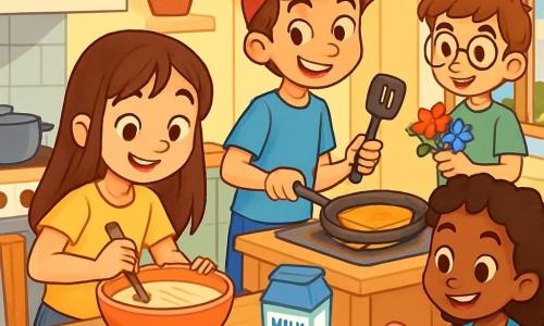Hay 4 niños: - Sofía: una niña de 9 años, con largos cabellos castaños y ojos brillantes. Lleva una camiseta amarilla y un short de mezclilla, y está mezclando ingredientes en un gran bol sobre la mesa. - Mateo: un niño de 9 años, con cabello corto y una gorra roja. Tiene una sonrisa traviesa y lleva una camiseta azul. Está de pie cerca de la estufa, sosteniendo una espátula y vigilando el pan francés que se tuesta. - Amina: una niña de 9 años, con cabello rizado y un vestido de flores coloridas. Está sentada en una silla, doblando servilletas en forma de corazón con cuidado. - Iván: un niño de 9 años, con gafas redondas y cabello castaño. Lleva una camiseta verde y está de pie cerca de la ventana, sosteniendo un pequeño ramo de flores que ha recogido en el jardín. El lugar es una cocina luminosa y acogedora, con paredes pintadas de amarillo pastel. Hay una gran mesa de madera en el centro, cubierta de platos coloridos, frutas frescas y flores. La luz del sol entra por una ventana abierta, proyectando las sombras de los niños sobre el suelo. La situación principal muestra a los niños preparando un desayuno sorpresa para el Día de la Madre. Se ríen y se ayudan mutuamente, con ingredientes esparcidos a su alrededor, creando un ambiente alegre y lleno de creatividad.