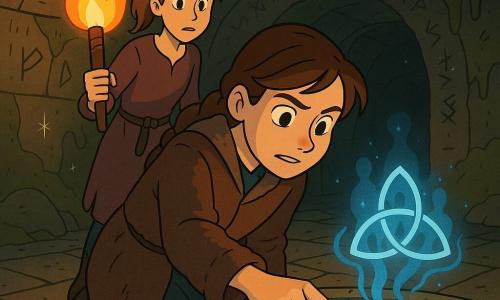 Alba, junge Frau mit entschlossenem, neugierigem Blick und geflochtener brauner Haar, in abgenutztem Wollmantel kniend am Rand eines schwarzen Wasserbeckens, streckt die rechte Hand, der Finger trägt einen goldenen, gravierten Ring, der kaltblaues Licht ausstrahlt; Ysella, etwa 17, besorgt aber treu, hellbraunes Haar zu einem Pferdeschwanz gebunden, hält im Hintergrund links eine Fackel, deren orangenes Licht die Szene beleuchtet und sie wenige Schritte hinter Alba bereitsteht zu helfen; zentrales, rundes Steingewässer in einer runden unterirdischen Kammer, feuchte, mit Moos und Runen bedeckte Wände, kleine sternartige Kristallisationspunkte, niedrige, tropfende Decke, antiker gepflasterter Boden; das Wasser ist tiefschwarz ohne Spiegelung, beim Berühren der Oberfläche steigen blau-silberne Lichtfäden auf und bilden die durchscheinende Gestalt eines Symbols aus drei verschlungenen Kreisen und verschwommenen Silhouetten (alte Vision); geheimnisvolle, aber sanfte Atmosphäre, starker Kontrast zwischen dem warmen Orange der Fackel und dem kalten Blau des Rings, klarer Stil, klare Konturen, gesättigte Farben, gut lesbare Mimik und dynamische Haltung.