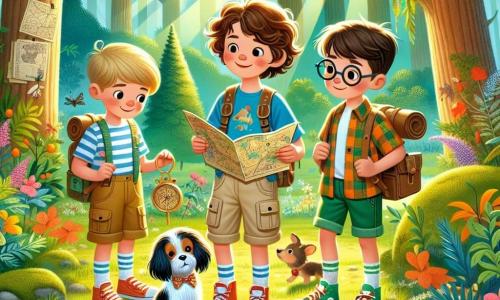Într-o pădure verde, trei băieți de 12 ani stau împreună. Alex, cu părul brun și creț, poartă un tricou albastru și o pereche de pantaloni scurți bej, zâmbind în timp ce ține o hartă veche. La dreapta lui, Matei, cu părul blond și drept, îmbrăcat într-un tricou verde și adidași roșii, se uită cu curiozitate la un cățel negru și alb pe care l-a găsit. La stânga, Andrei, cu ochelari rotunzi și părul castaniu, poartă o cămașă cu carouri și ține o carte de povești, observându-și prietenii. Împrejurimile sunt o pădure fermecată, cu copaci mari și frunze verzi strălucitoare, raze de soare filtrându-se prin frunziș și un pârâu cristalin care șerpuiește printre stânci acoperite cu mușchi. Situația principală arată băieții descoperind un cățeluș pierdut, înconjurați de flori colorate și păsări cântătoare, ilustrând spiritul de aventură și prietenie al vacanței lor de vară.