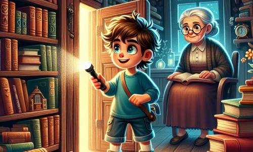 Un băiat de 10 ani, cu părul castaniu în dezordine și ochii strălucind de curiozitate, stă în fața unei vechi biblioteci din lemn, cu fața luminată de un zâmbet uimit. Poartă un tricou albastru și o pereche de pantaloni scurți din denim, ținând o lanternă în mâna dreaptă, pregătit să exploreze. Lângă el, bunica sa, o femeie în vârstă cu părul gri și ochelari rotunzi, îl observă cu un zâmbet binevoitor, așezată pe un scaun din lemn, înconjurată de cărți vechi. Locația este o cameră călduroasă, plină de cărți cu coperte colorate, cu rafturi din lemn închis și un covor roșu uzat. Lumina moale pătrunde printr-o fereastră, creând o atmosferă misterioasă și primitoare. Situația principală arată băiatul descoperind o mică ușă secretă ascunsă în spatele unei rânduri de cărți, inima lui bătând de emoție în timp ce se pregătește să o deschidă, dezvăluind un coridor întunecat și intrigant.