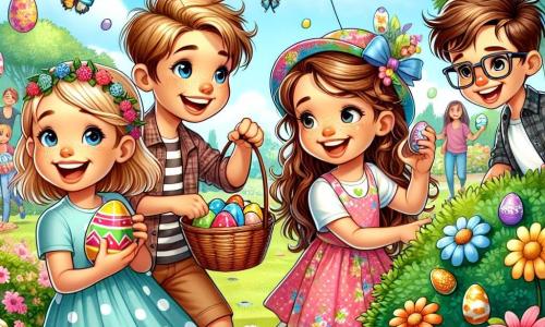 In a sunny park, four friends are gathered for an Easter egg hunt. Lily, a 7-year-old girl with brown hair in braids, holds a colorful basket filled with chocolate eggs, smiling with sparkling eyes. Next to her, Tom, an 8-year-old boy with messy blonde hair, points to an egg hidden behind a bush, his face beaming with excitement. Mia, a 6-year-old girl with curly hair and a flower hat, crouches to pick up a shiny egg, her pink dress gently flowing in the wind. Finally, Max, a 7-year-old boy with glasses and brown hair, stands on a bench, raising his arms in the air, shouting "I found an egg!" The park is filled with colorful flowers, lush trees, and children's laughter. Balloons float in the blue sky, and families settle on blankets nearby. The scene captures the friends in the midst of their egg hunt, surrounded by shiny chocolates and joyful laughter, embodying the festive spirit of Easter.