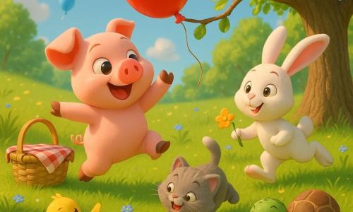 Un cerdito rosa llamado Pipo, alegre y decidido, salta sobre las patas traseras para alcanzar un gran globo rojo atrapado en una rama; la pata Dora, un patito amarillo de plumas lisas, nada en una charca cercana y bate las alas mirando el globo con curiosidad; el gatito Mimo, gris y esponjoso, ronronea y corre en círculos junto a una pequeña cuenco de leche; el conejo Lulo, blanco con largas orejas rosadas, da un salto atrás y sostiene una flor naranja; la tortuga Tita, verde con caparazón pardo moteado, avanza lentamente cerca de la rama; todo ocurre en una pradera soleada con hierba alta, pequeñas flores y un gran árbol con una rama baja, junto a una mantita a cuadros rojo y blanco y una cesta de mimbre abierta; escena luminosa y colorida de amigos cooperando alegremente.
