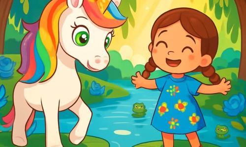 Una magnifica unicorno dagli occhi verdi brillanti e dalla criniera arcobaleno, piena di curiosità e meraviglia, si trova sulla riva di un lago incantato. Ha un corno scintillante d'oro e delicate zampe bianche, e guarda con entusiasmo l'acqua chiara che riflette il cielo. Accanto a lei, una bambina di 8 anni, con capelli castani e trecce, indossa un vestito blu decorato con fiori, sorridendo con ammirazione, le braccia aperte, pronta ad accogliere la magia. Il lago è circondato da rose blu brillanti e grandi salici che si chinano dolcemente verso l'acqua, creando un'atmosfera fiabesca. I raggi di sole filtrano tra le foglie, illuminando la scena con una luce dorata. L'unicorno e la bambina si preparano a attraversare il lago su ninfee giganti, ogni passo è un atto di coraggio e scoperta, mentre piccole creature magiche li osservano con occhi scintillanti di gioia.
