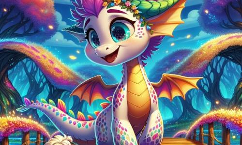 Fiammetta, un giovane drago dalle squame colorate come un arcobaleno, è al centro dell'immagine, con occhi scintillanti di curiosità e un ampio sorriso sul volto. Sta attraversando un ponte di nuvole soffici, con le ali leggermente spiegate, pronta a scoprire un nuovo mondo. Accanto a lei, Elio, un piccolo elfo dai capelli dorati e un cappello a punta, sorride entusiasta. Fluttua leggermente sopra il suolo, con le braccia aperte, come se stesse accogliendo Fiammetta nel Regno dei Sogni. Il paesaggio è una foresta incantata, con alberi giganteschi dalle foglie vibranti, un cielo blu profondo punteggiato di nuvole morbide e un terreno coperto di fiori luminosi che sembrano danzare al ritmo di una dolce brezza. La scena principale mostra Fiammetta ed Elio pronti ad attraversare il Ponte delle Nuvole, simboleggiando l'inizio di una grande avventura, piena di magia e scoperte.