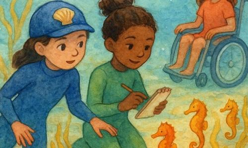 Hay 3 personajes: - Luna, una niña de 10 años, lleva un traje de buceo azul y una gorra con una almeja dibujada. Está nadando cerca de la superficie, observando atentamente los caballitos de mar. - Vega, una niña de 10 años, está sentada en una silla flotante adaptada, con una rueda que brilla ligeramente bajo el agua. Está cerca de la orilla, vigilando la escena con una sonrisa alentadora. - Mara, una niña de 10 años, lleva un traje de buceo verde y sostiene un cuaderno de bocetos en una mano. Está al lado de Luna, dibujando los caballitos de mar con atención. El lugar es un claro marino encantador, bañado de luz suave, donde las algas amarillas ondean suavemente. El fondo es arenoso y salpicado de pequeñas rocas coloridas. Caballitos de mar de tonos vivos flotan graciosamente entre las algas. La situación principal muestra a Luna y Mara observando y dibujando los caballitos de mar, mientras Vega vigila desde su silla flotante. La atmósfera es pacífica y mágica, capturando la belleza y fragilidad de este mundo submarino.