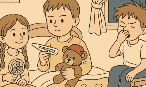 W pokoju dziecięcym w nocy trzy sześciolatki szukają „idealnej temperatury do snu”: Kuba siedzi na środku na łóżku, krótkie włosy, skupiony, trzyma termometr pokazujący ok. 22,8°C i przytula pluszaka w czapce; Maja po lewej na dywanie w dwóch warkoczach, uśmiechnięta, trzyma mały wentylator i obok leży żółty kocyk w kropki, proponuje pomysły; Olek po prawej na krześle, nastroszone włosy, udaje małego naukowca, ma niepasujące skarpetki (jedna w paski, druga z ogórkiem) i kicha lekko, bo frędzel zasłony muska mu nos; w pokoju przytulna atmosfera, zapalona lampka w kształcie gruszki na stoliku, uchylone okno z przesuwającą się wstążką zasłony, dywan w wzory, półka z klockami i książkami oraz naklejki gwiazdek na suficie.