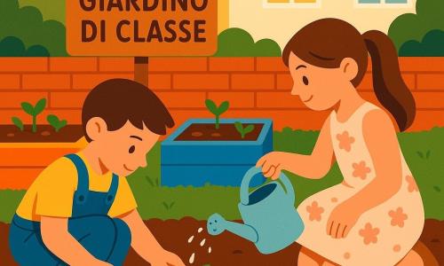 Due bambini di 8 anni che piantano semi in un piccolo giardino scolastico assolato: un ragazzo con capelli castani corti, maglietta gialla e salopette di jeans leggermente polverosa accovacciato a sinistra con una pala arancione mentre sistema un vasetto verde; una ragazza con capelli castani lunghi raccolti in coda, vestito rosa a fiori, ginocchio destro su un tappetino di juta a destra che versa acqua da un annaffiatoio azzurro su un seme; terreno ricco, aiuole e cassette di legno colorate, una targhetta «Jardin de la classe» su un muretto di mattoni rossi e la facciata chiara della scuola sullo sfondo; luce calda del mattino, colori netti e atmosfera gioiosa e tranquilla, scena semplice e leggibile adatta a un poster per bambini.