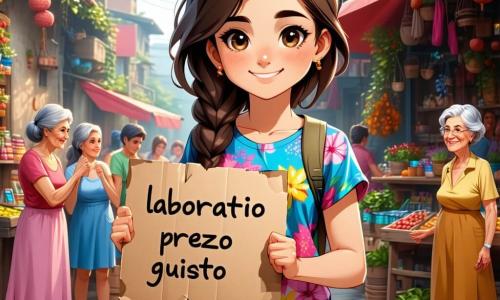Al centro dell'immagine, una ragazza di 12 anni, Lina, sta in piedi con uno sguardo determinato e pieno di speranza. Ha i capelli castani, leggermente ondulati, che le cadono sulle spalle e indossa una maglietta colorata con motivi floreali e un jeans consumato. I suoi occhi brillano di una luce vivida, riflettendo la sua passione per aiutare gli altri. Tiene un piccolo cartello di cartone con parole scritte a mano, che annuncia un "Atelier Prezzo Giusto". Accanto a lei, la signora Rita, una donna di circa 50 anni con i capelli grigi raccolti, sorride calorosamente mentre tiene una grande pentola di zuppa fumante. Indossa un grembiule colorato e si piega leggermente, pronta a servire i bambini che la circondano. Sullo sfondo, si vede un gruppo di bambini, tra cui un ragazzo di 10 anni con occhiali, che mostra una vecchia bicicletta a un'altra bambina di 9 anni, che ride mentre cerca di provarla. Sono tutti riuniti attorno a un tavolo di legno, pieno di vestiti e libri, creando un'atmosfera di amicizia e condivisione. Il luogo è una piccola piazza animata, circondata da alberi con foglie dorate, con tavoli colorati disposti intorno, decorati con tovaglie a quadri. Manifesti fatti a mano sono appesi ai muri, annunciando il mercato comunitario. La luce del sole filtra tra i rami, illuminando i volti sorridenti di bambini e adulti. La scena principale mostra Lina, piena di determinazione, che spiega agli altri bambini come funziona l'atelier, mentre la signora Rita serve la zuppa, creando un'atmosfera calorosa e solidale.
