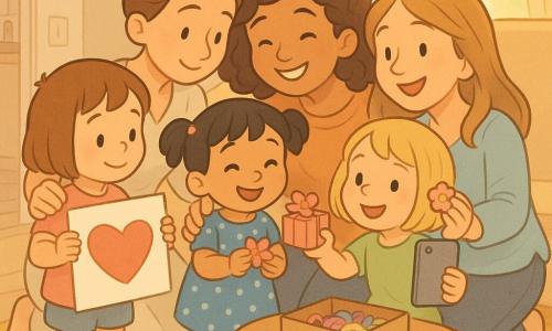 Sei persone: tre bambine di 3 anni — Lina, capelli castani corti, calzini spaiati (uno giallo, uno blu), a sinistra con un grande disegno a forma di cuore rosso; Mia, capelli neri a codini, vestito a pois blu, al centro, con un piccolo nastro rosa per la mamma; Nora, capelli biondi caschetto, maglietta verde, a destra, che tiene il telefono appoggiato su un libro per il selfie — e le loro madri: la madre di Lina (30–35 anni) con abito chiaro e capelli raccolti in chignon, inginocchiata a sinistra; la madre di Mia (28–34 anni) con maglione color caramello e capelli ricci sulle spalle, al centro che sorride; la madre di Nora (32–36 anni) con camicetta azzurro chiaro e capelli lunghi sciolti, a destra che riceve una molletta a forma di fiore. Luogo: soggiorno luminoso con finestra che lascia entrare il sole, divano beige, tappeto color senape, tavolino in legno con scatola di scarpe aperta piena di nastri e una conchiglia, libri impilati usati come supporto per il telefono, cucina visibile a sinistra con porta socchiusa. Situazione: sorpresa per la Festa della Mamma — le bambine mostrano un grande disegno a cuore e una scatola regalo, le madri si inginocchiano per abbracciarle; tutti si stringono per un selfie improvvisato; atmosfera dolce, colori pastello, espressioni gioiose, composizione incentrata sui volti ravvicinati e sul disegno sullo sfondo.