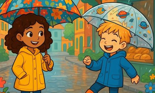 Hay 2 personajes principales: - Sofía: una niña de 10 años, con piel color miel, cabello rizado castaño y ojos brillantes. Lleva un abrigo amarillo vivo y sostiene un gran paraguas colorido con motivos de flores. Está a la izquierda, sonriente, lista para comenzar la aventura. - Tomás: un niño de 10 años, con piel clara, cabello rubio despeinado y pecas en la nariz. Lleva un abrigo azul y un paraguas transparente decorado con pegatinas de planetas. Está a la derecha de Sofía, riendo y saltando en un pequeño charco. El lugar donde ocurre la historia es un barrio animado, con casas de fachadas coloridas, árboles de hojas verdes brillantes y adoquines mojados que reflejan la luz. Se puede ver una panadería con una vitrina llena de panes dorados y pasteles apetitosos. Las gotas de lluvia caen suavemente, creando círculos en los charcos. La situación principal muestra a Sofía y Tomás, alegres y determinados, preparándose para entregar panes y pasteles a las personas mayores del barrio. Están rodeados de flores brillantes y risas, ilustrando la belleza de la amistad y la diversidad bajo la lluvia.