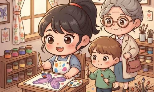 Marta, artista dal volto rotondo e sorriso luminoso, capelli neri raccolti in coda e indossando un grembiule macchiato di colore, è seduta a un piccolo tavolo di legno e dipinge una grande farfalla viola con un pennello dorato, concentrata e gioiosa; il bambino di circa sei anni Tommaso, capelli castani corti e sguardo curioso, sta in piedi a destra di lei e con un piccolo pennello arancione aggiunge una macchia sulla tela, entusiasta; la signora Ada, circa sessantenne con capelli grigi raccolti e occhiali tondi, osserva dietro di lui con orgoglio; la stanza dei colori ha scaffali bassi, barattoli di vernice allineati, pennelli in bicchieri, tele appese e una finestra con tenda a fiori che diffonde luce calda, pavimento in legno chiaro e allegre macchie di pittura, atmosfera accogliente e piena di meraviglia.