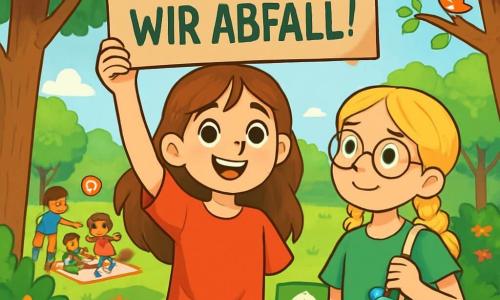 Ein 10-jähriges Mädchen, Lena, mit langen braunen Haaren und neugierigen Augen, steht inmitten eines grünen Parks, umgeben von leuchtenden Blättern und bunten Blumen. Sie hat ein entschlossenes Lächeln auf ihrem Gesicht und hält ein großes Kartonschild mit der Aufschrift 