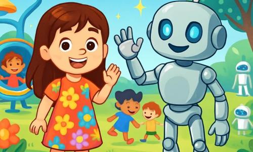 Una niña de 6 años, Lucía, con largos cabellos castaños y ojos llenos de curiosidad, sonríe alegremente mientras saluda a un grupo de niños en un parque futurista. Lleva un vestido colorido con estampados de flores y zapatillas brillantes. A su lado, un robot llamado Manos, de forma humanoide, con un cuerpo plateado y ojos luminosos, hace gestos amistosos para atraer la atención de los niños. El parque está lleno de flores multicolores, juegos futuristas flotantes y árboles con hojas brillantes, bajo un cielo azul radiante. Los niños juegan alrededor de un área de juegos, riendo y corriendo, mientras que robots de seguridad los cuidan. La escena principal muestra a Lucía y Manos ayudando a los niños a seguir las reglas del juego, creando una atmósfera alegre y armoniosa en este jardín mágico.