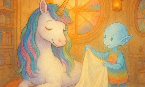 Lumina, eine weibliche Einhorn, wirkt glücklich und gelassen: perlmuttweißes Fell, lange mehrfarbige Mähne (Blau, Rosa, Grün), feine goldene Hornspirale und große sanfte Augen, sie sitzt auf einem samtigen Kissen, den Kopf geneigt und mit leicht verträumtem Lächeln; daneben steht Klaro, ein kleiner durchscheinender Koboldjunge mit leicht bläulicher Haut und spitzen Ohren in einfacher regenbogenfarbener Kleidung, der eine leuchtende Decke zärtlich über sie legt; Schauplatz ist das runde, warme Kupferhaus der Klarheit mit hellen Holzwänden, ovalen Buntglasfenstern, orangenen Sonnenstrahlen durch Regenbogenmuster, lebhaftem Geometrieteppich, kupfernen Lampen und Regalen mit Büchern und Gläsern; Szene: ruhiger Abendmoment mit warmen Pastell- und Kupfertönen, unscharfen Aquarelltexturen, gedämpftem Licht und kupfernen Reflexen auf dem durchs Fenster sichtbaren Dach; Stil: Aquarellillustration, weiche Linien, pastell-cuprée Palette, märchenhafte, beruhigende Atmosphäre, Komposition zentriert auf Einhorn und Kobold.