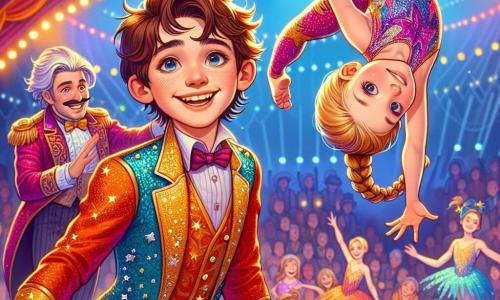 Um garoto de 12 anos, Lucas, com cabelos castanhos bagunçados e um grande sorriso, está no centro do palco do circo. Ele veste um traje de acrobata colorido, com estrelas brilhantes, e faz uma pirueta desajeitada, com os braços abertos e o rosto iluminado pela excitação e um toque de nervosismo. À sua direita, uma menina de 11 anos, Sofia, com cabelos loiros trançados e um olhar concentrado, executa uma figura acrobática impressionante, flutuando no ar com graça. Ela usa um collant cintilante e parece incentivar Lucas com um sorriso amigável. Ao fundo, o diretor do circo, um homem de cerca de cinquenta anos, com um chapéu alto e um traje extravagante, observa a cena com um ar divertido, pronto para aplaudir os esforços de Lucas. O local é um picadeiro vibrante, cheio de luzes coloridas e decorações brilhantes, com espectadores maravilhados nas arquibancadas, aplaudindo e rindo. A situação principal mostra Lucas, no meio de sua primeira apresentação, tentando realizar uma acrobacia enquanto cai de maneira cômica, provocando risos e aplausos do público, ilustrando a magia e a alegria do circo.