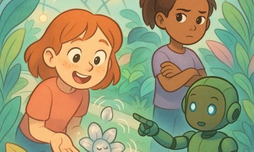 Imagine pentru o poveste ilustrată pentru copii (stil bandă desenată blând): două fete de 10 ani — Mara, față rotundă cu pistrui, ochi mari curioși și zâmbet uimit, ține delicat o petală argintie în palmă, și Iulia, coadă de cal brună, privire precaută și brațele încrucișate, stă puțin în spate și privește; în urma lor plutește un robot-ghid verde, de mărimea unui copil de 8 ani, cu carapace netedă și ochi albaștri luminoși, indicând o alee de plante cu un braț articulat; totul se petrece într-un dom transparent, alei de sticlă curbate, plante cu frunze mari în nuanțe de smarald, turcoaz și roz pastel, lampioane rotunde emitând o lumină caldă; în centru o floare argintie cu petale sclipitoare zâmbește și emite unde sonore vizibile, iar atmosfera e calmă, magică și plină de mirare.