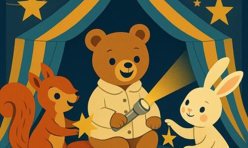 A light-brown teddy bear child in a cream wool coat sits inside a small blue-and-yellow striped play tent, holding a silver flashlight that casts a warm beam and starry shadows on the inner walls; a white bunny child with pink cheeks and soft long ears crouches at the tent entrance on the right, smiling and offering a paper-star garland, while a red squirrel child with a bushy tail stands to the left holding cut paper stars as the three friends discover the flashlight and warmly decorate the tent together, on a beige fur rug with red, blue and green cushions.