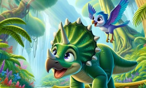 In the center of the image, a young triceratops named Trixie, with a sturdy body and shiny green scales, expresses great curiosity with her bright sparkling eyes. Her three horns are clearly visible as she joyfully stands by a stream, her feet in the water, ready to explore. Beside her, a small Microraptor named Flap, with vibrant blue feathers and an enthusiastic smile, hovers slightly above the ground, wings spread, looking at Trixie with excitement. The setting is a lush jungle filled with large ferns, colorful flowers, and majestic trees reaching towards the sky, creating a magical and welcoming atmosphere. In the background, a sunbeam breaks through the foliage, illuminating the sparkling stream. The main scene shows Trixie and Flap discovering a path of shiny stones leading to a secret clearing filled with vibrant flowers and a large ancient tree, where they are about to embark on a new adventure together.