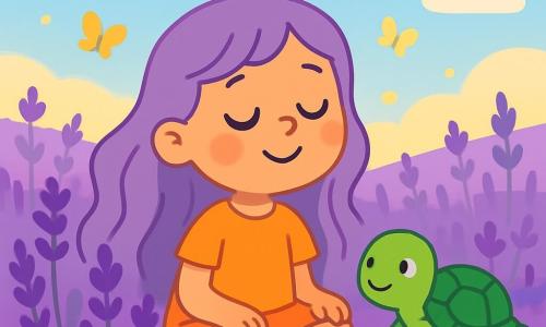 Una bambina di nome Viola, con lunghi capelli ondulati color lavanda e un sorriso dolce, è seduta in un campo di lavanda. Respira profondamente, gli occhi chiusi, circondata da fiori viola che danzano dolcemente al vento. Accanto a lei, Tina la tartaruga, una piccola tartaruga con un guscio verde brillante, guarda Viola con uno sguardo tranquillo e sereno. Avanza lentamente, le zampe poggiate sul terreno morbido, condividendo questo momento di calma. Il luogo è un vasto campo di lavanda, immerso in una luce dorata, con un cielo azzurro chiaro punteggiato di nuvole bianche. I fiori vibrano di colori vivaci, creando un quadro pacifico e incantevole. La scena principale mostra Viola e Tina, immerse in un'atmosfera di relax, respirando insieme, circondate da farfalle di luce che danzano attorno a loro, creando un'atmosfera magica e serena.