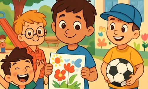 Há 4 crianças: - Amir: um menino de 7 anos, com cabelo castanho e olhos curiosos. Ele usa uma camiseta azul e um short bege, está no centro com um sorriso tímido, segurando um desenho colorido. - Tomás: um menino de 7 anos, com cabelo loiro e óculos redondos. Ele veste uma camisa xadrez vermelha e jeans, um pouco atrás, olhando para Amir com um ar encorajador. - Miguel: um menino de 7 anos, com cabelo negro e sardas. Ele usa uma camiseta verde e um short preto, à esquerda de Amir, levantando os braços, pronto para brincar. - Pedro: um menino de 7 anos, com cabelo castanho e um boné azul. Ele veste uma camiseta amarela e calças de tecido, à direita de Amir, sorrindo e segurando uma bola de futebol. O cenário é um pátio escolar ensolarado, cercado por grandes árvores verdes, com o chão coberto de cascalho e desenhos coloridos nas paredes, representando flores e animais. Ao fundo, há um pequeno escorregador e bancos de madeira onde outras crianças brincam e conversam. A situação principal mostra os quatro amigos reunidos, prontos para acolher Amir em seu grupo, rindo juntos e compartilhando desenhos e jogos, simbolizando amizade e solidariedade, em uma atmosfera alegre e calorosa que ilustra a importância da ajuda mútua e compreensão.